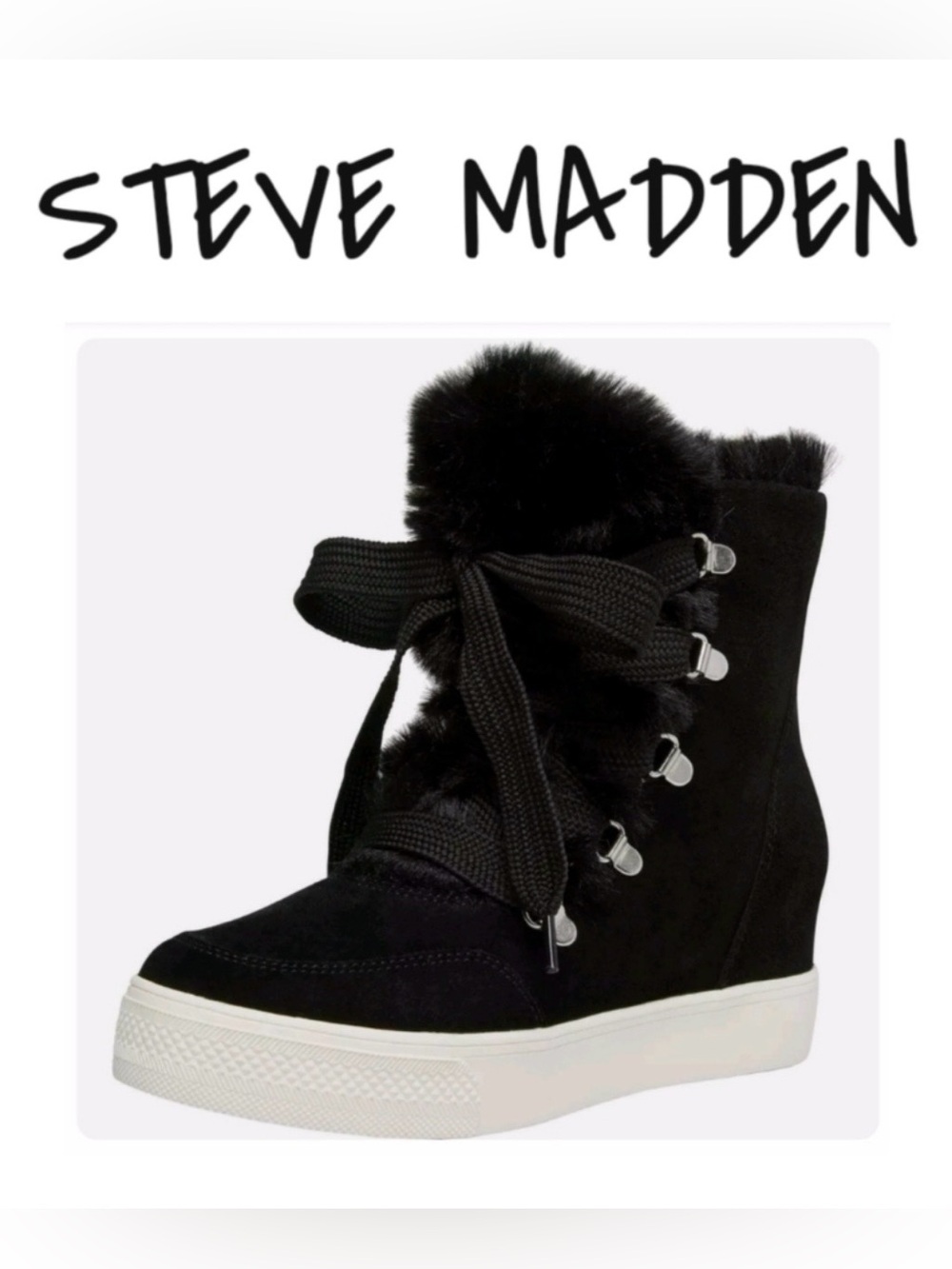 Steve Madden Wharton Black Rhinestone Faux Fur Hidden Wedge Sneakers Y2K Bling 9